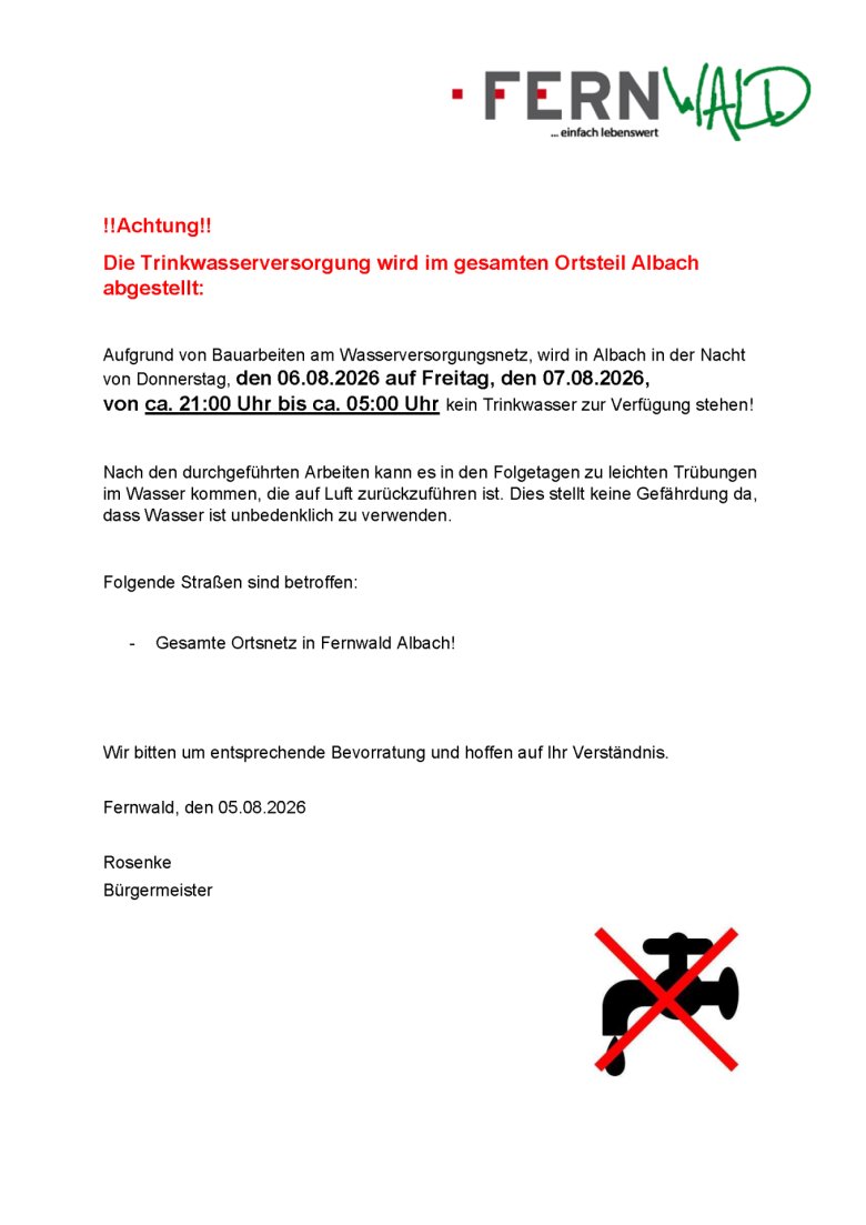 Trinkwasserversorgung wird am 06.08. auf 07.08.2026 von ca. 21:00 Uhr bis ca. 05:00 Uhr in Albach abgestellt