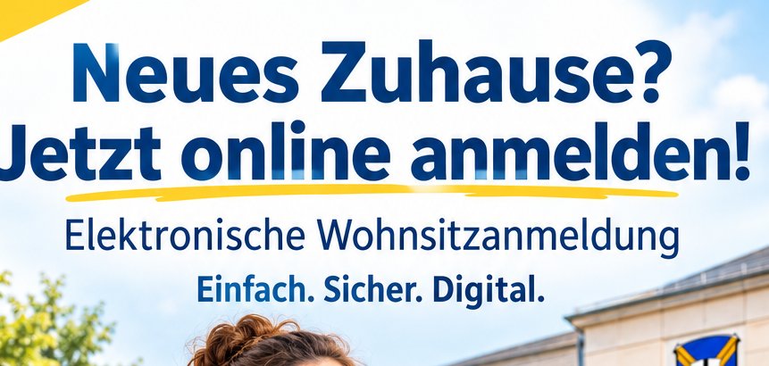 Elektronische Wohnsitzanmeldung, Frau mit Laptop und Handy vor Umzugskartongs im Hintergrund ist ein Rathaus zu sehen.