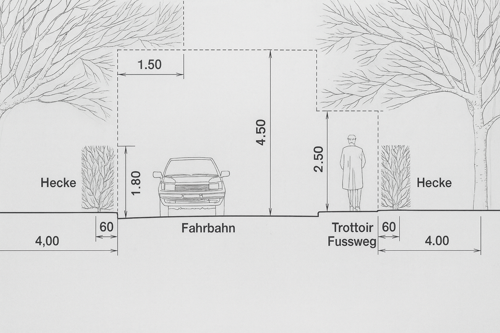 Angaben über die Einhaltung der Abstände von Hecken und Bäumen zur Fahrbahn