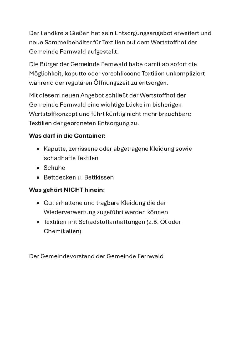 Aufstellung der Textilien die im Container entsorgt werden darf und welche nicht.