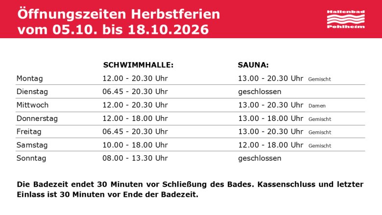 Übersicht der Öffnungszeiten des Hallenbads in Pohlheim während der Herbstferien